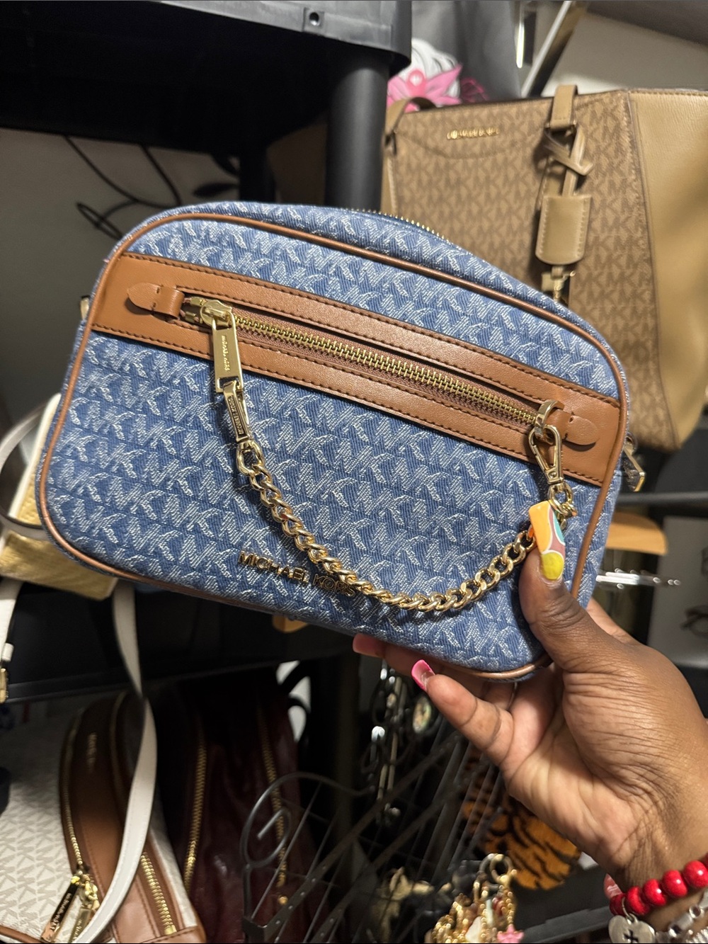 Michael Kors Denim Logo Crossbody with Tan Trim & Gold Chain